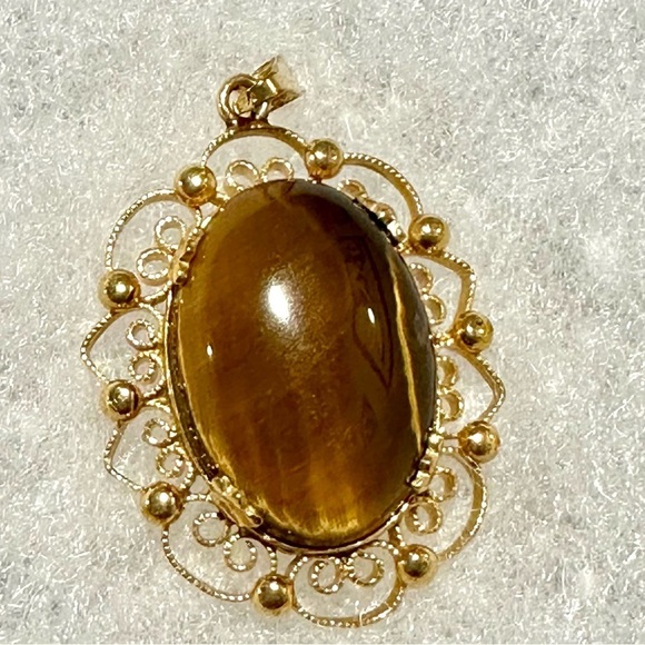 Vintage Tiger Eye stone Filigree Pendant SORRENTO 1/20 12K GF - Picture 1 of 7